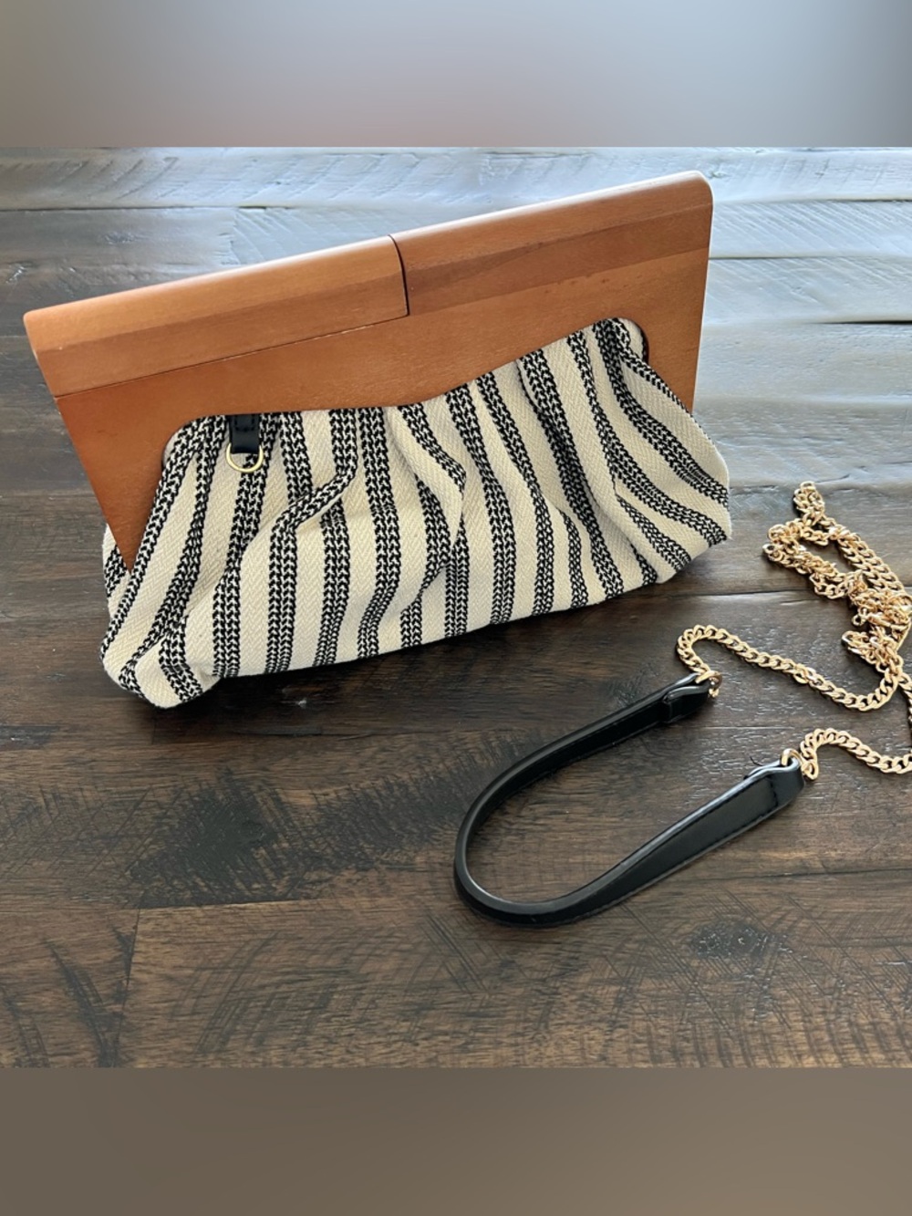 Antik Kraft Black & Cream Striped Clutch with Gold Chain